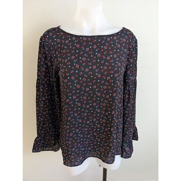 New Loft Small Bell Sleeve Blouse Black Geometric Print Tie Back Crew Neck NWT - Picture 2 of 11